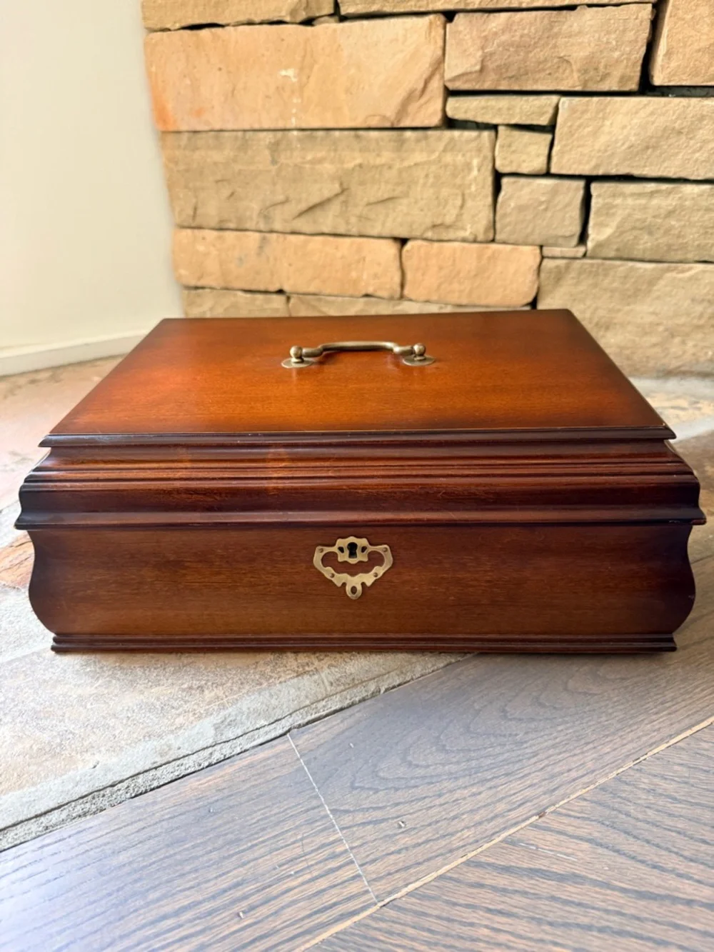 VTG 90s Bombay Company Cherry Wood Jewelry Box with Brass Accents, 2 Layers